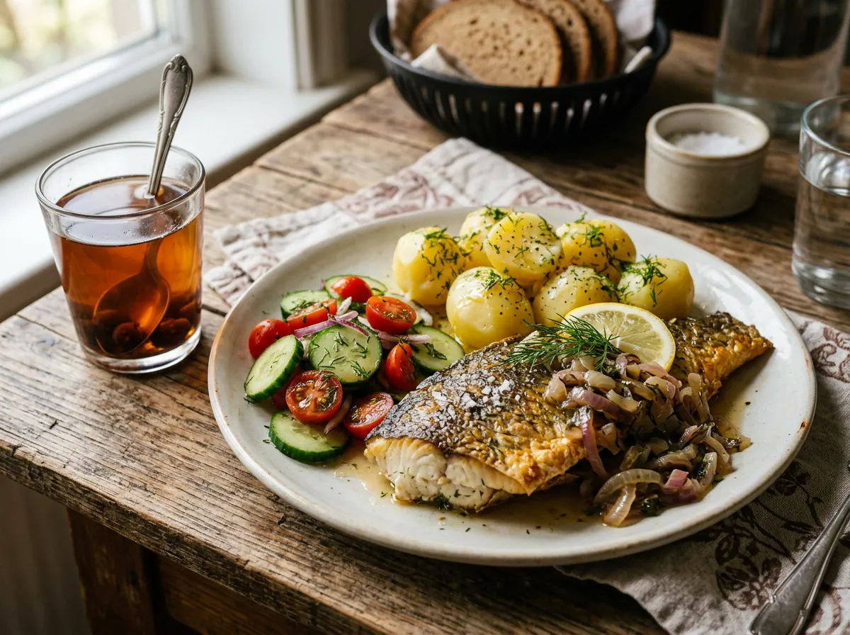 Запечений короп з молодою картоплею, кропом і свіжими овочами