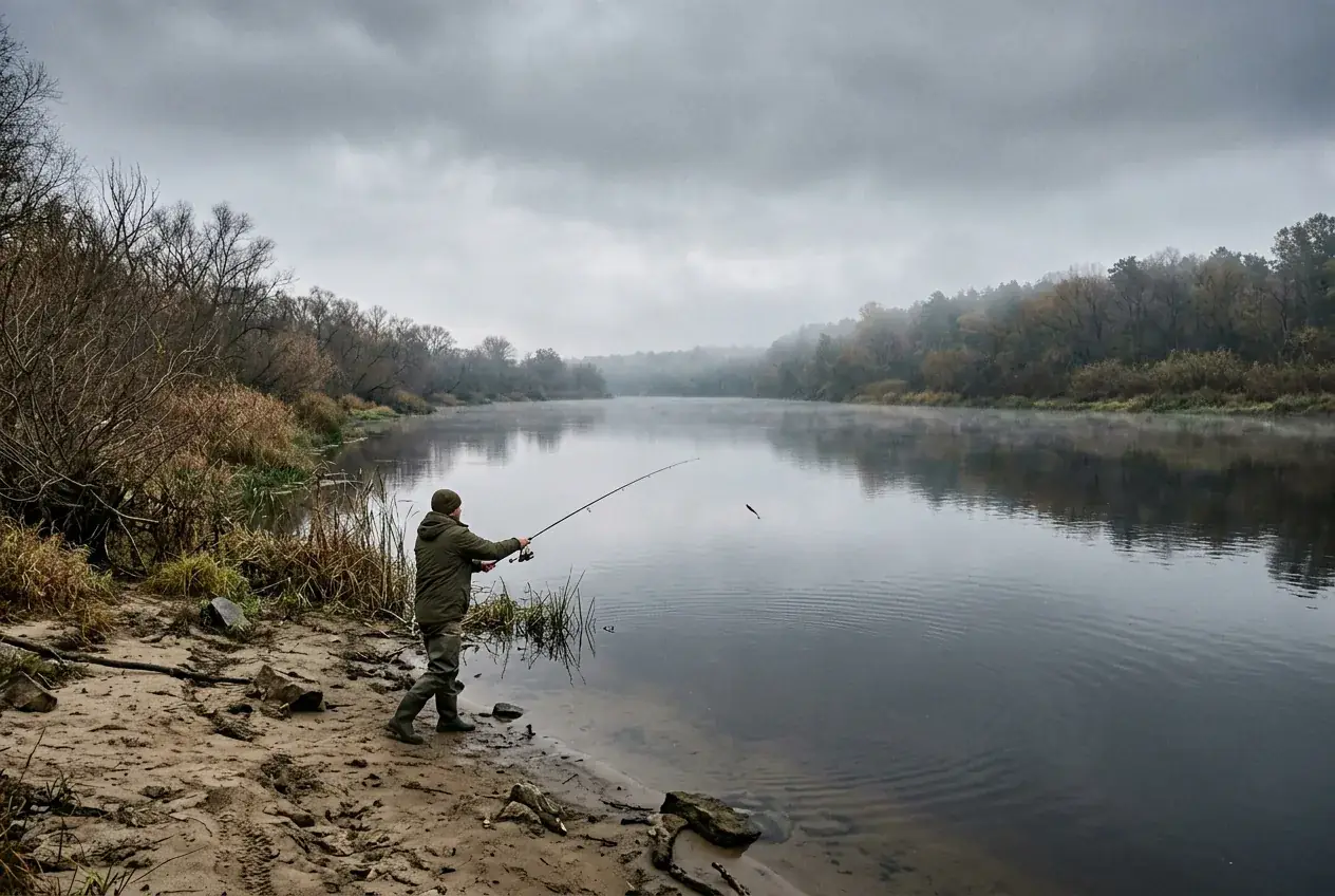 Рибалка під час воєнного стану: рибалка зі спінінгом на березі річки восени